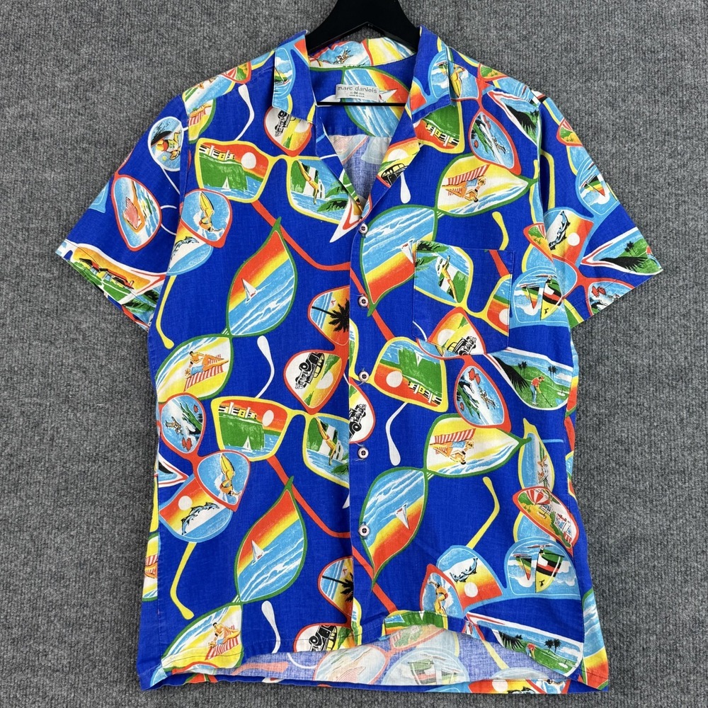 Vintage Marc Daniels Hawaiian Shirt Mens M Blue Sunglasses Sports USA Made 80s